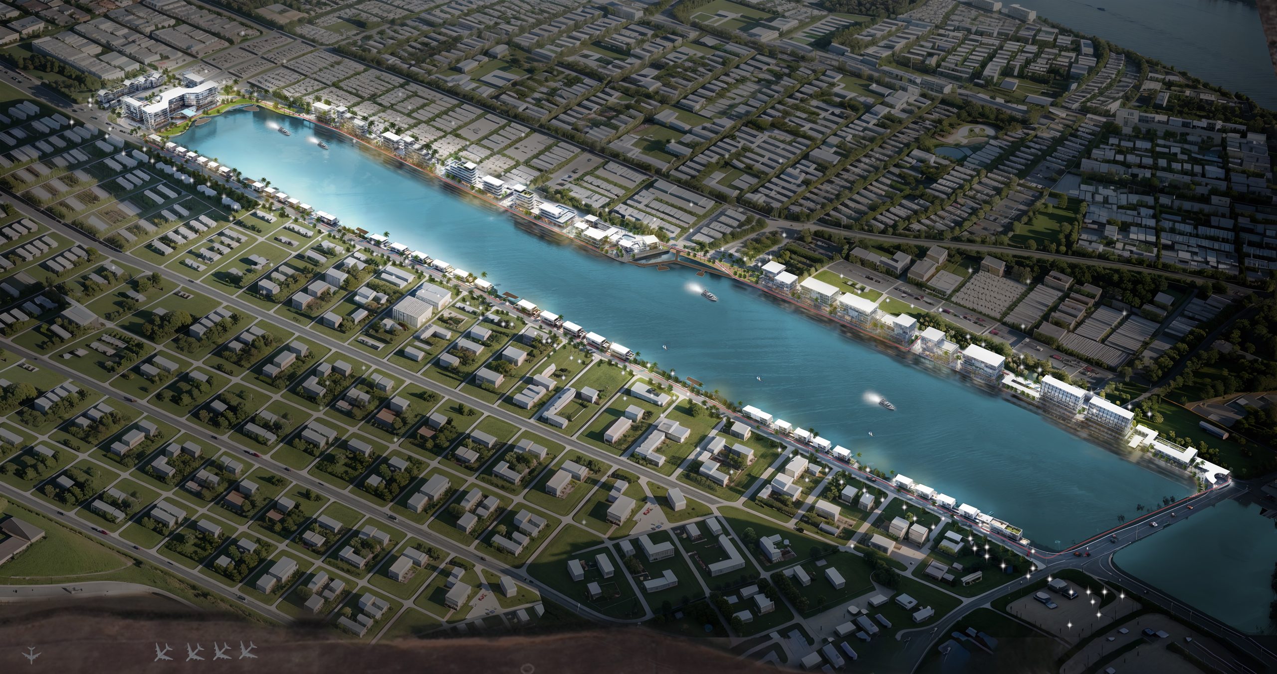 Vue aérienne nocturne du masterplan East Lake Park le long de la lagune