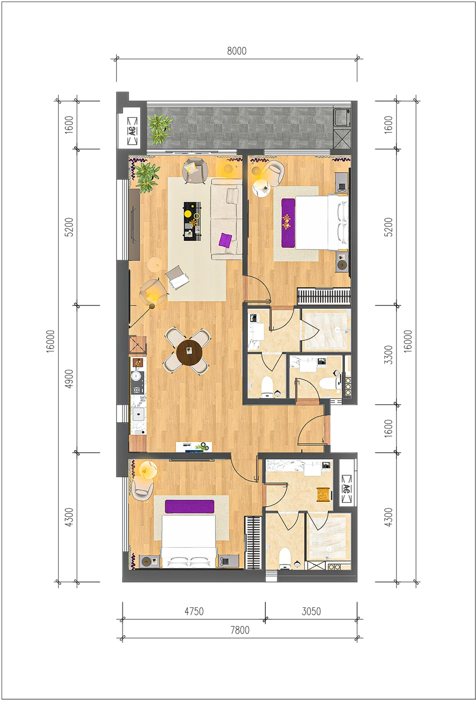 Plan meublé de l’appartement 2 chambres de 148 m²