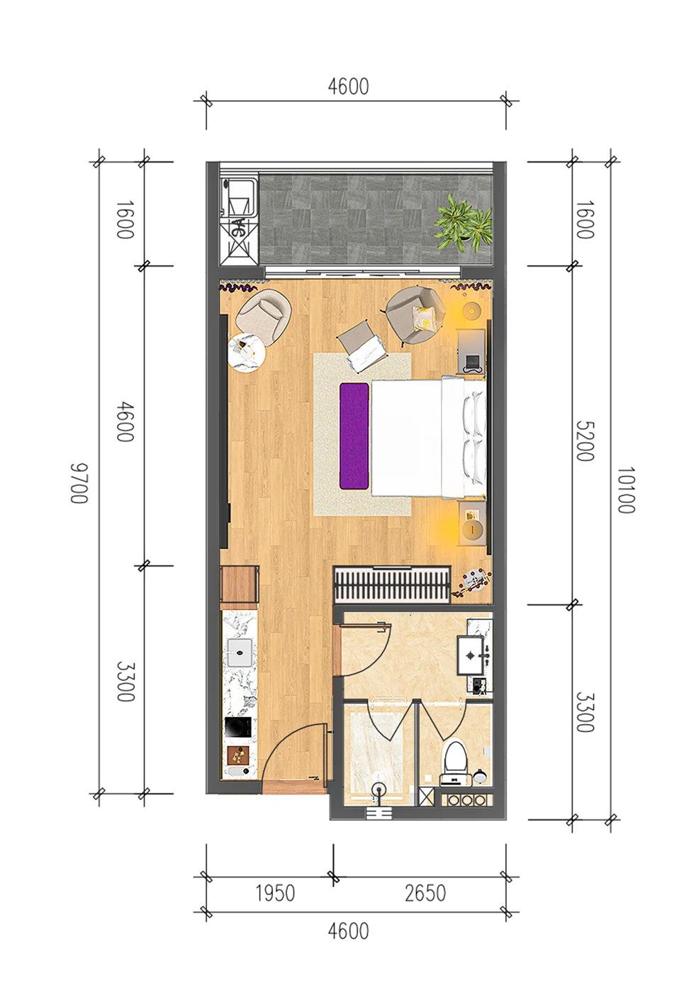Plan meublé de l’appartement studio de 54 m²