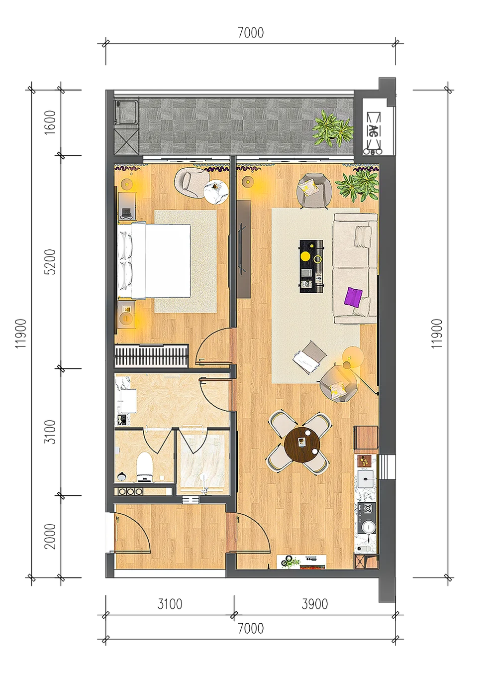 Plan meublé de l’appartement 1 chambre de 99 m²